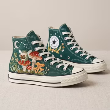 Reading Frog Embroidered High Top Shoes, Cottagecore Mushroom Sneakers, Whimsical Forest Footwear, Book Lover Gift
