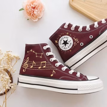 Music Note Embroidered High Top Shoes, Burgundy Treble Clef Sneakers, Celestial Constellation Footwear, Musician Gift