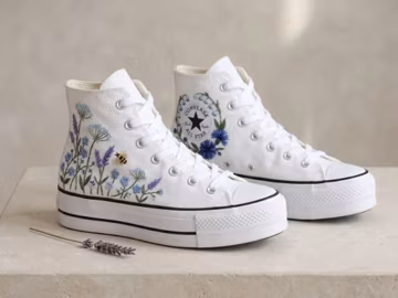 Blue Wildflower Embroidered High Top Shoes, Something Blue Bridal Sneakers, Floral Wedding Footwear, Custom Gift for Bride