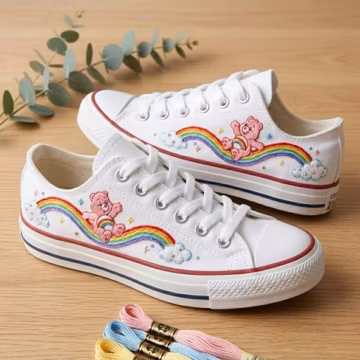Pink Teddy Bear Embroidered Shoes, Rainbow and Cloud Canvas Sneakers, Cute Kawaii Cartoon Footwear, Colorful Bear Lover Gift