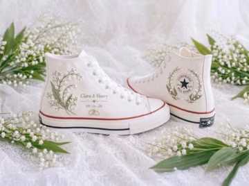 Personalized Lily Of The Valley Wedding High Tops, Custom Couple Name Date Sneakers, Embroidered Floral Bridal Shoes, Bride Gift