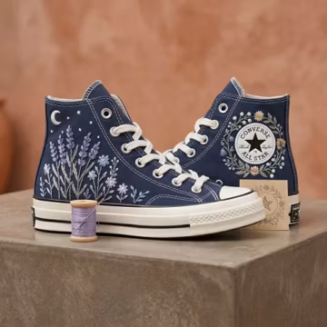 Lavender Wildflower Embroidered Converse Platform High Tops, Celestial Moon Floral Sneakers, Custom Wedding Shoes, Bridal Gift