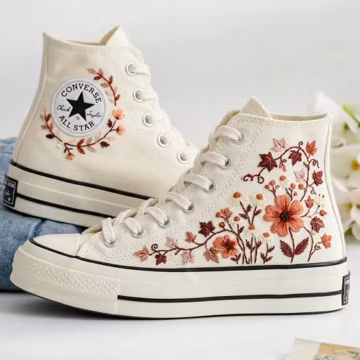 Embroidered Rust Floral High Top Sneakers, Autumn Wildflower Canvas Shoes, Botanical Cottagecore Footwear, Nature Lover Gift