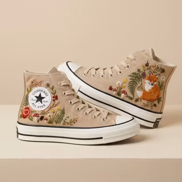 Fox Embroidered High Top Shoes, Woodland Wildflower Sneakers, Cottagecore Mushroom Footwear, Nature Lover Gift