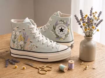 Sage Green Wildflower Embroidered Converse Platform High Tops, Lavender Daisy Wedding Sneakers, Bee Floral Bridal Shoes, Bride Gift