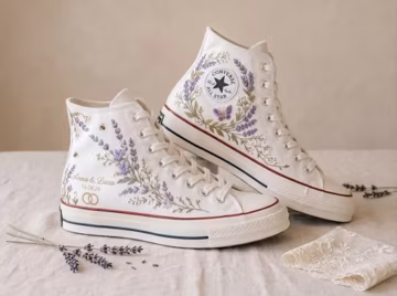 Personalized Lavender Wedding High Top Sneakers, Custom Couple Name Date Bridal Shoes, Embroidered Floral Bride Sneakers, Reception Gift