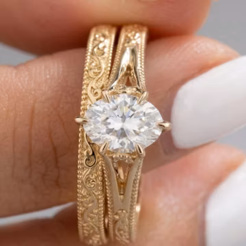 Filigree Diamond Engagement Ring Set Yellow Gold Stacking Band Vintage Women Wedding Promise Set 2pcs Oval Diamond Bridal Ring Set