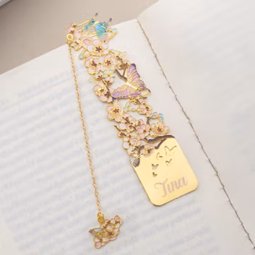 Personalized Birth Flower Butterfly Gold Metal Bookmark with Decorative Chain Custom Engraved Text Page Marker Birthday Gift for Book Lovers