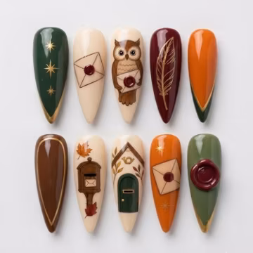 Owl Letter Post Office Press On Nails | Cottagecore Mail Nails | Cozy Autumn Fantasy Nails | Handmade Fall Nail Set