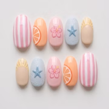 Summer Fruit Press On Nails, Orange Slice Nails, Beach Starfish Nails, Pink Stripe Cute Nails, Beach Nails
