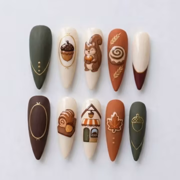 Squirrel Acorn Bakery Press On Nails | Cottagecore Fall Nails | Cozy Woodland Bakery Nails | Handmade Autumn Nail Set