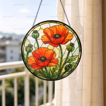 Red Poppy Flower Glass Suncatcher, Poppy Hanging Window Decor, Birth Month Poppy Flower Gift, Floral Gift For Garden Lover