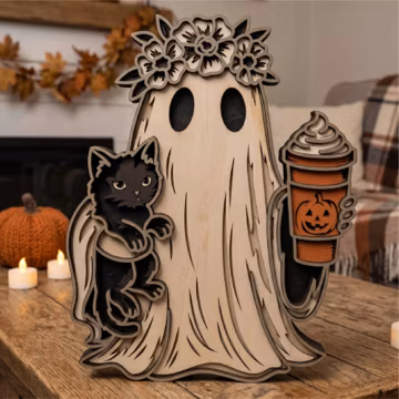 Ghost with Cat and Coffee SVG/ Layered Halloween/ Laser Cut File/ DIY Holiday Decor