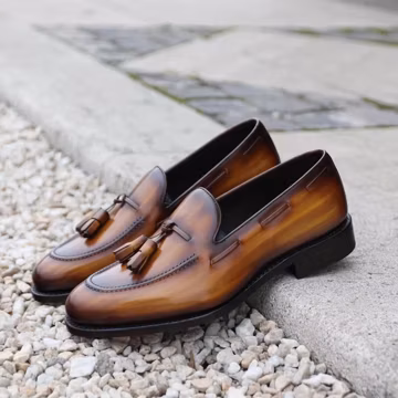 Handmade Leather Wood Finish Tassel Loafers: Brown Slip-Ons