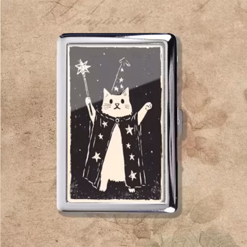 Magic Cat Retro Art Nouveau Vintage Metal Cigarette Case, Purse Joint Holder, Business Card ID Holder Wallet