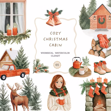 Cozy Christmas Clipart: Red Green Whimsical Watercolor Rustic Holiday Graphics (PNG, Commercial Use)