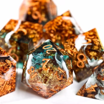 Vintage Treasure Copper Ore Dice - Green Brown Gold Leaf Resin RPG Set for DND Ancient Relic Themes
