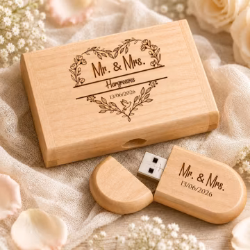 Personalised Wooden USB Drive with Box, Custom Logo Engraved Memory Stick, Wedding Photo Storage, Oval Wood Flash Drive, Photographer Gift