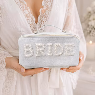 Bride Cosmetic Bag, Pearl Rhinestone Lettering, Bridal Shower Gift, Wedding Travel Pouch