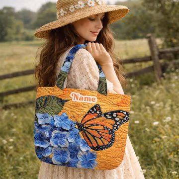 Personalized Quilted Butterfly Tote Bag, Floral Shoulder Handbag, Monarch Butterfly Tote Purse, Boho Butterfly Quilt Bag Gif ID-0309-H4K4
