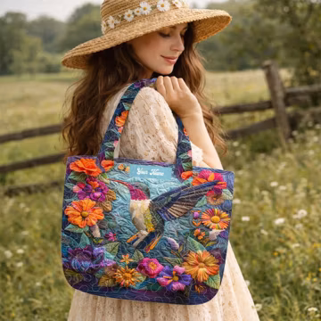 Personalized Vibrant Hummingbird Quilted Tote Bag, Custom Name Floral Bird Shoulder Bag, Artistic Hummingbird Handbag ZZ357