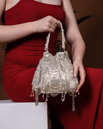 Beaded Tassel Potli Bag: Handmade Bridal Purse, Silver Evening Clutch