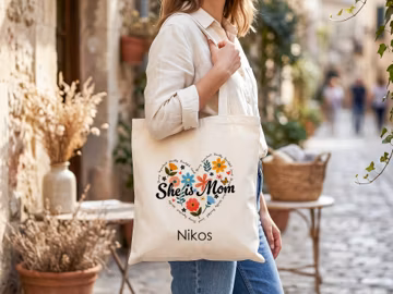 Personalized Mom Tote Bag, Custom Kids Name Floral Heart Bag, Mother’s Day Gift for Mom, Canvas Shopping Bag, Gift from Son or Daughter