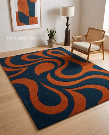Hand Tufted Blue Orange Abstract Rug, Modern Organic Wave Wool Area Rug, Contemporary Statement Carpet for Living Room Bedroom