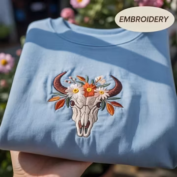Boho Cow Skull Embroidered Sweatshirt, Western Floral Bull Skull Crewneck Shirt, Rustic Country Jumper, Autumn Animal Top