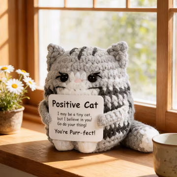 Handmade Crochet Cat with Positive Sign • You are Pawsome Gift • Best Friend Birthday Gift • Tiny Desk Buddy • Funny Coworker Gift for Her