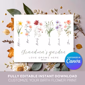 Grandma's Garden Birth Flower Print, Personalized Gift for Grandma or Mom, Birth Flower Bouquet, Fully Editable, Personalized Gift