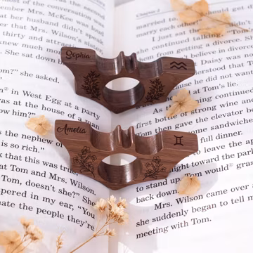 Personalized Walnut Bat Page Holder, Zodiac Birth Flower Engraved, Book Lover Gift