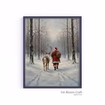 Santa & Reindeer Print, Snowy Winter Forest Scene (Digital Download)