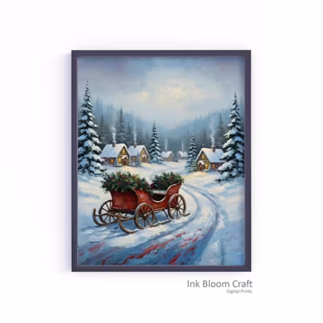 Christmas Village Sleigh Scene Print | Winter Holiday Decor (Digital Download)