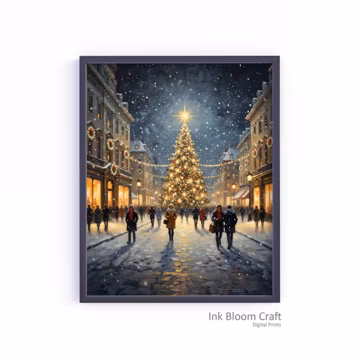 Christmas Town Square Print: Snowy Holiday Tree Lights (Digital Download)