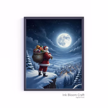 Santa Moonlight Wall Art Winter Scene 8x10 16x20 32x40 Instant Download