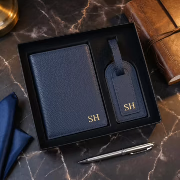 Customized genuine leather passport holder and luggage tag passport set, a personalized honeymoon essential, handcrafted travel accessories.