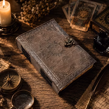 Celestial Sun Moon Leather Journal, Book of Shadows, Handmade Grimoire, Vintage Lock Journal, Moon Phase Diary, Witchy Gift