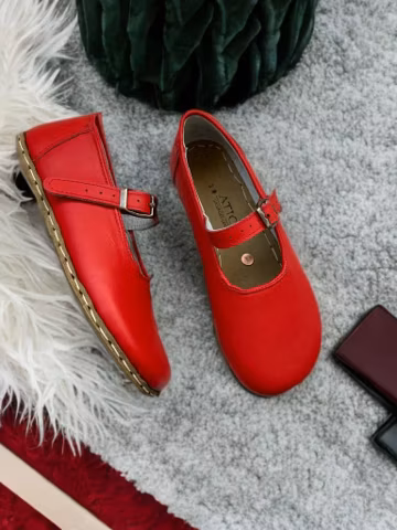 Women's Handmade Leather Grounding Shoes - Barefoot Mary Jane Flats - Red
