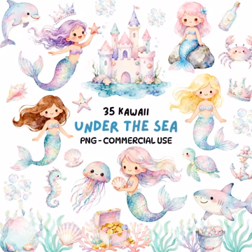 Pastel Under the Sea Clipart Bundle - Kawaii Ocean Animals PNG - Kids Birthday Mermaid, Dolphins, Shells, Balloons, Cake - Commercial Use