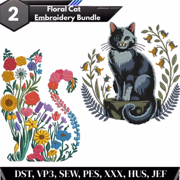 Floral Cat Embroidery Bundle, Vintage Botanical Cat Embroidery Designs, Cute Kitty Flower Pattern, Pet Lover Gift Decor Art Set