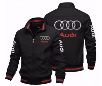 Audi Logo Jacket for Men, Black Zip Up Racing Jacket, Sports Car Streetwear
