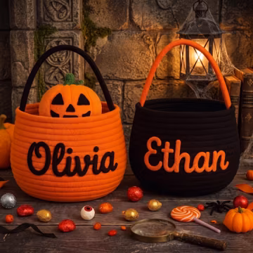 Personalized Halloween Trick or Treat Basket, Custom Name Pumpkin Candy Bucket, Embroidered Halloween Basket, Kids Trick or Treat Bag
