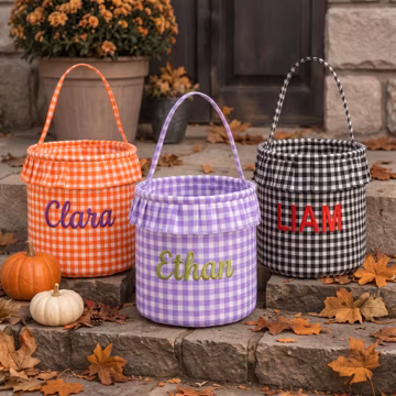 Custom Embroidered Halloween Bucket, Personalized Kids Trickor Treat Bag, Orange Gingham Candy Tote, Monogram Halloween Basket, ChildrenGift