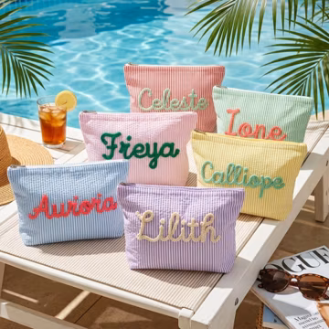 Custom Seersucker Makeup Bag Vacation Travel Pouch Personalized Chenille Name Toiletry Bag Bridesmaid Gift Teacher Gift for Her