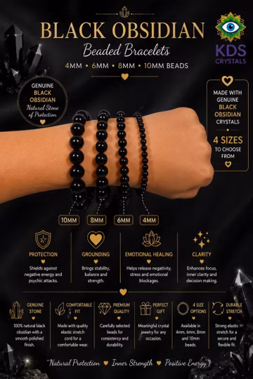 Genuine Black Obsidian Beaded Bracelet | Protection, Grounding Crystal Jewelry (4mm-10mm)