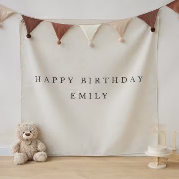 Personalized Baby Birthday Banner, Custom Linen Fabric Birthday Sign, First Birthday Decor, Neutral Nursery Backdrop