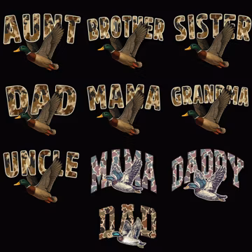 Duck Hunting Family PNG Bundle, Camo Mallard Flying Designs for Dad Mom Aunt Uncle Sister Brother, Sublimation Shirt Files
