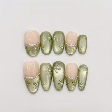 Green Cat Eye Press On Nails | Aura Flowers Almond Fake Nails | Shimmer Gel Look Nail Art | Pearl False Nails for Daily & Special Occasions