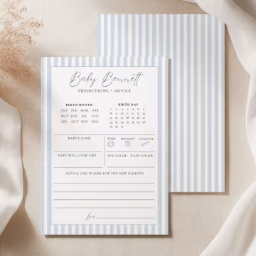 Baby Shower Predictions And Advice Card, Printable Baby Shower Game, Blue Stripes, Minimalist Predictions Baby Shower Game, Canva Download